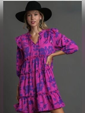 Umgee Fuchsia Pink and Purple Floral Tiered Mini Dress